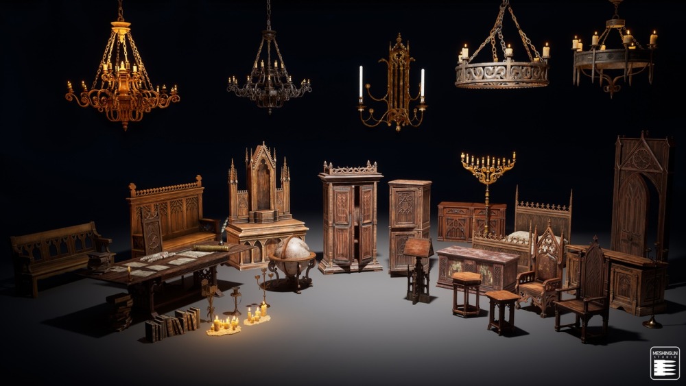 模块化哥特式室内场景资产集合 Gothic Interior Megapack